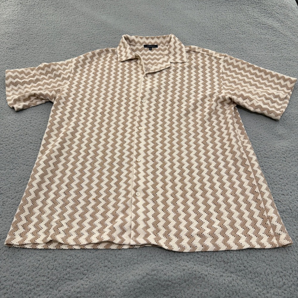 Tribekka 44 Shirt Mens XXL Crochet Knit Tan Cream Chevron Zigzag Camp Collar